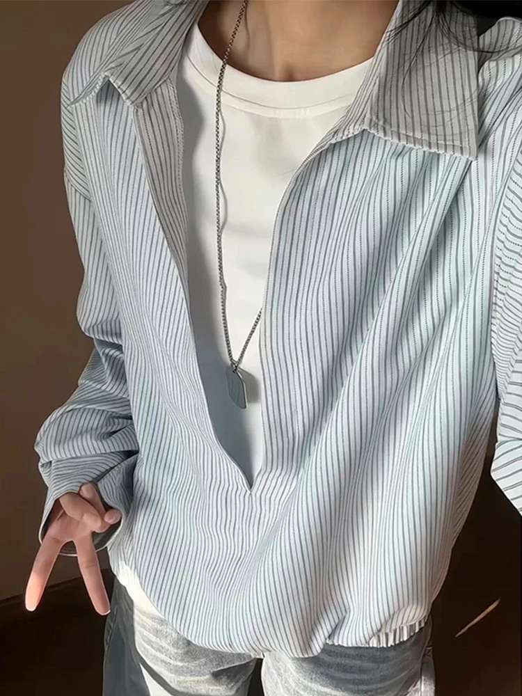 

Light Blue American Sle Striped irt Men's Long Sve Autumn Winter Faionable Cleanfit Jaet Fake Two-Piece Design