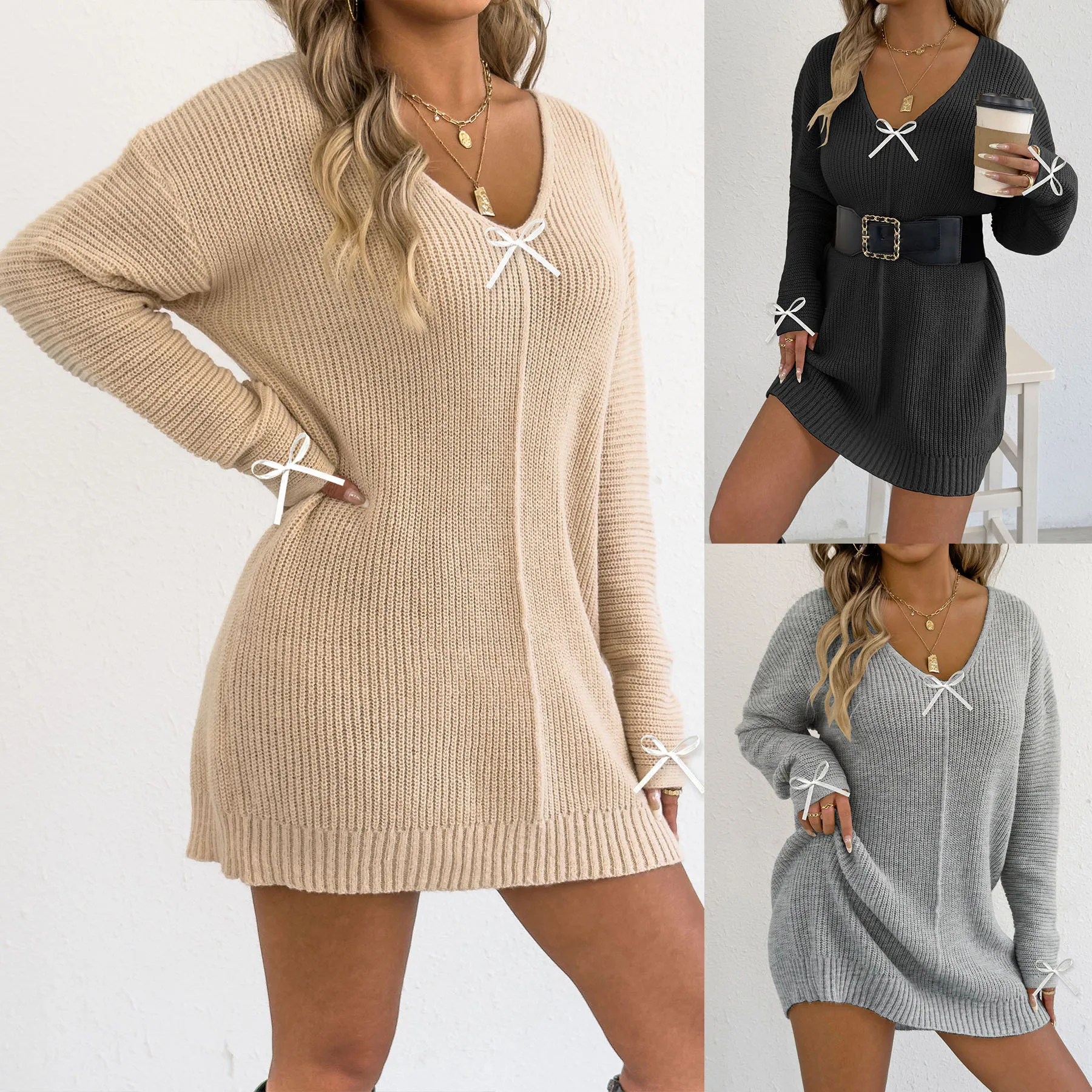 Vestido de malha sexy com decote em V profundo feminino – estilo pulôver com laço de fita suéter macio tecido casual vestido de camadas