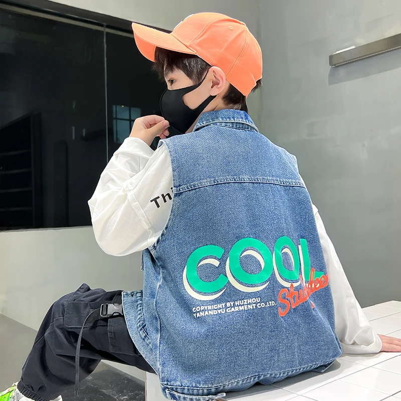 Cool Boys Fashion Denim Vest Letter Print Kids High Street Outerwear Kids Child New Spring Sleeveless Jacket Size 4 5 7 9 11 13