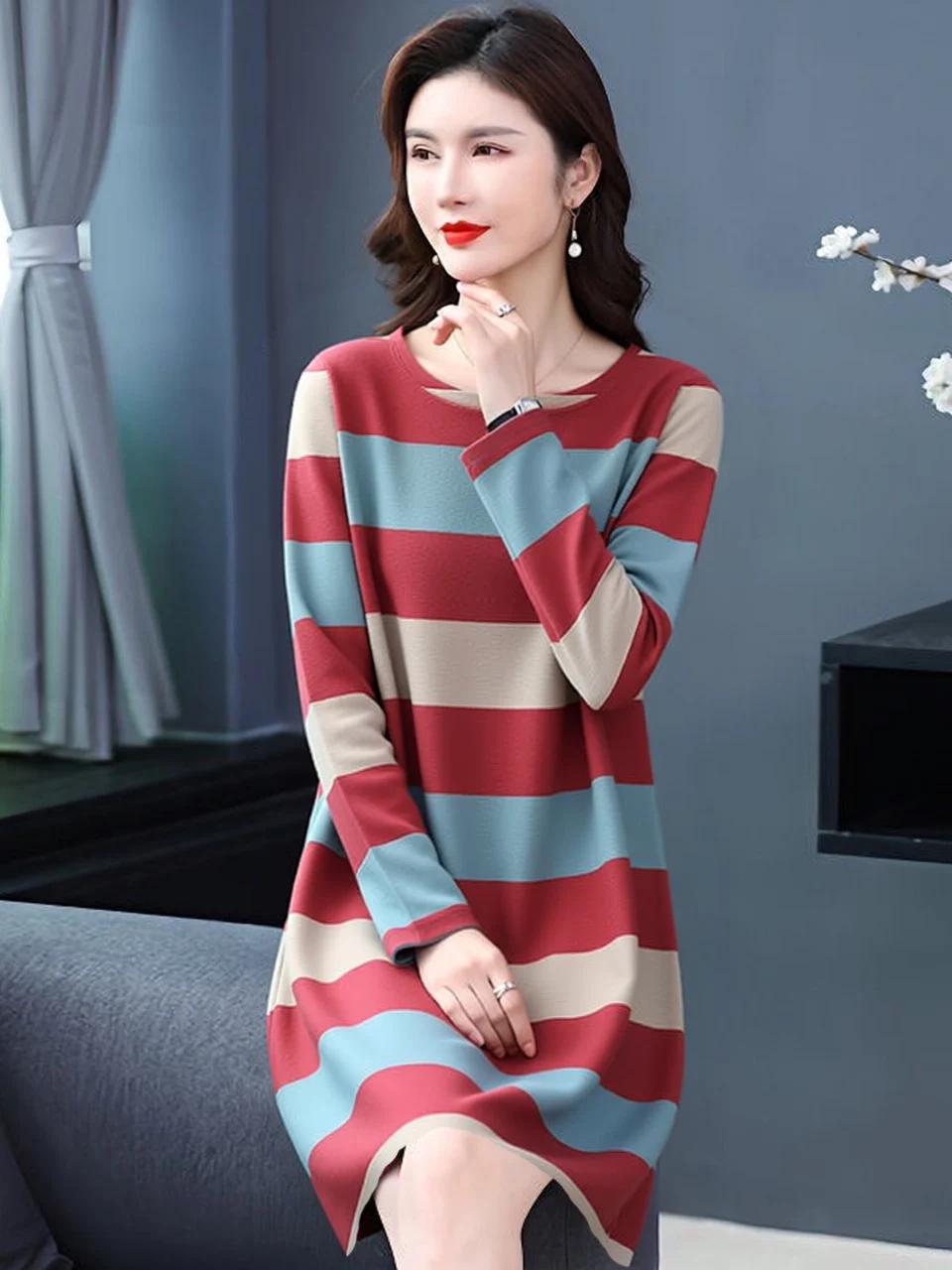 

Elegant Stripe Long Sleeve Midi Dress Women's High-end Slimming Age-defying Fit-for-mature Women's Fashion Casual round Neck