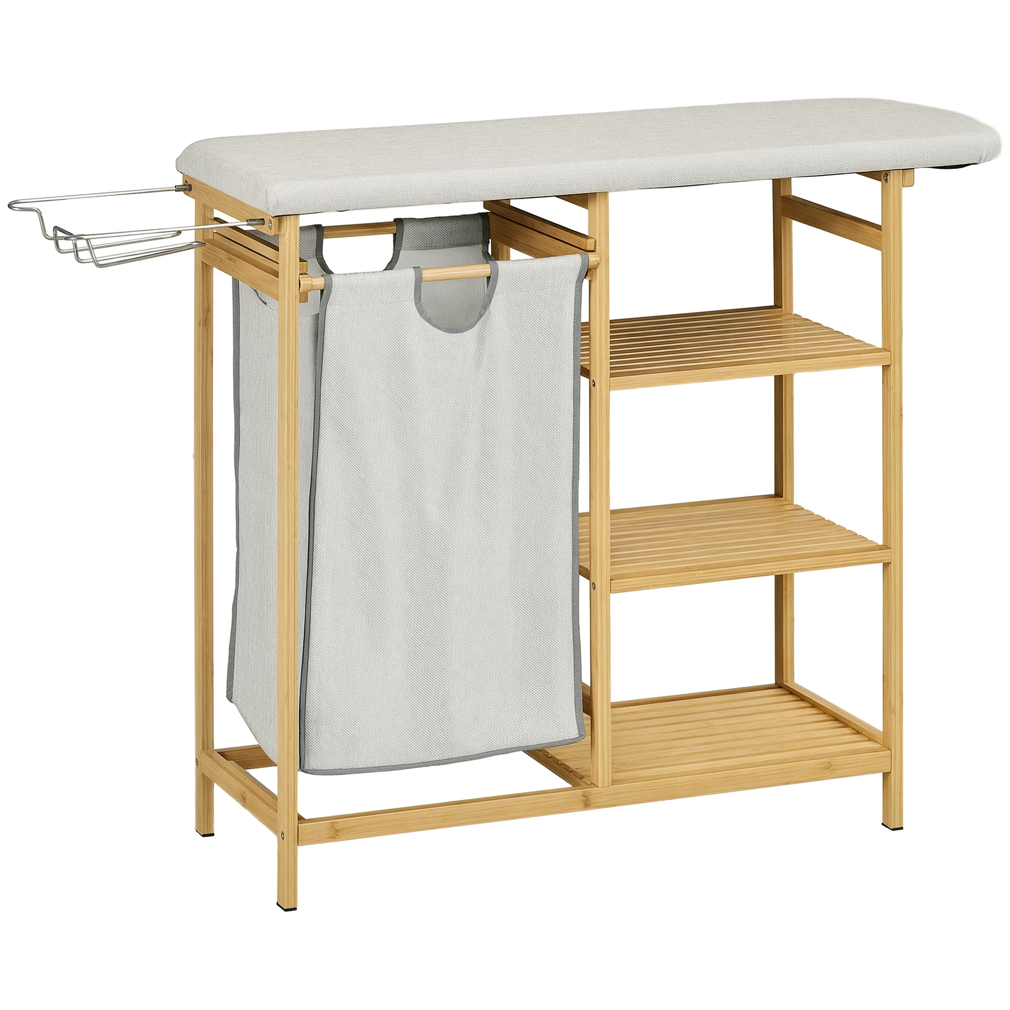 HOMCOM Cesto Ropa Sucia 57,4L de Bambú con Tabla de Planchar 3 Estantes Natural