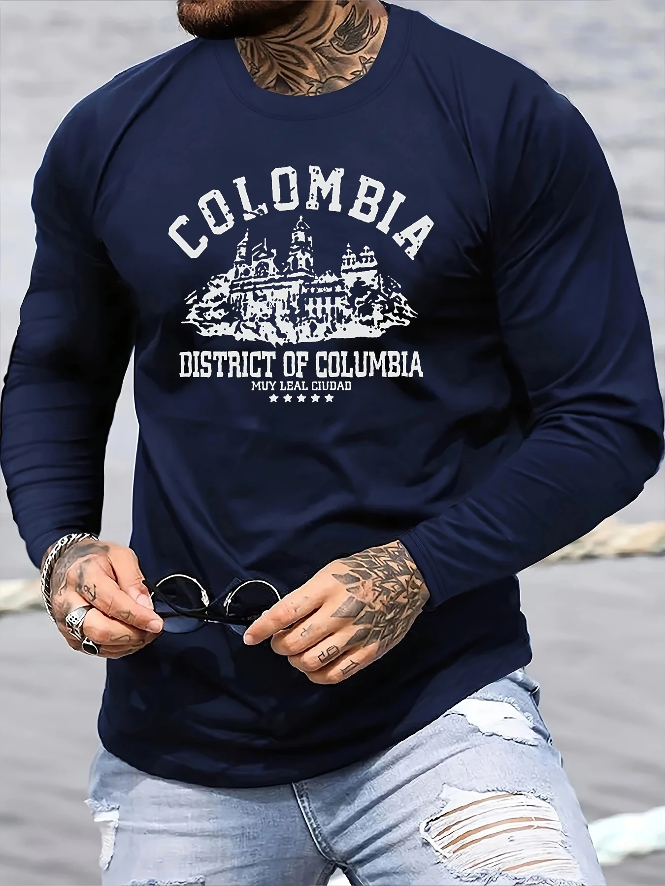 

Men's 100% pure cotton loose and comfortable casual sports COLOMBIA architectural print round neck long sleeved T-shirt top