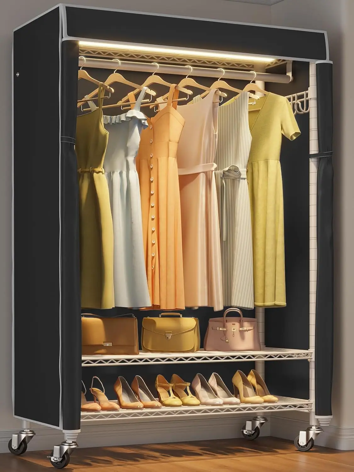 Vipk-R1L Roupas Rack com Tampa, Heavy Duty Garment Rack, Luzes LED Reguláveis, Rolando Armário Portátil para Pendurar