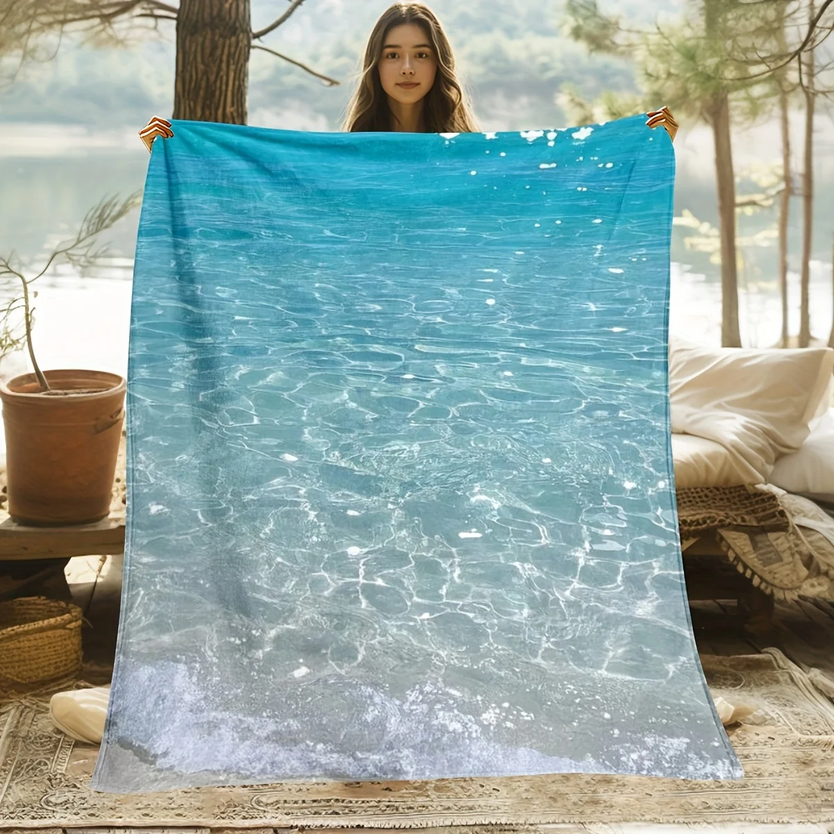 2D Flat Print, 1pc of Fresh Seascape-style Throw Blanket/blanket, Featuring a Print of Clear Sea Water, Shimmering Light, and Oc