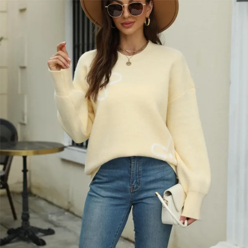 Women Casual Sweaters Fall Winter 2024 Chic Prints Loose Thermal Pullovers Fashion Simple Knit Tops Elegant Street Party Wear