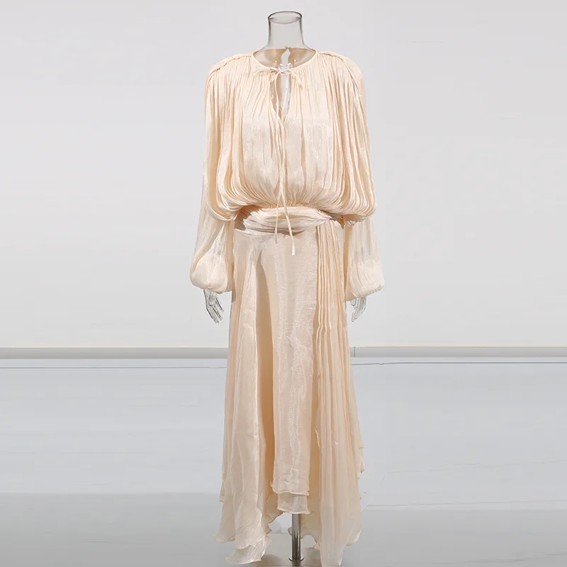 Women's O-neck Long Sleeve Lace-up Maxi Dress for Women 2025 Luxury Designer Elegant Cocktail Party Dresses Celebrity Prom Gowns