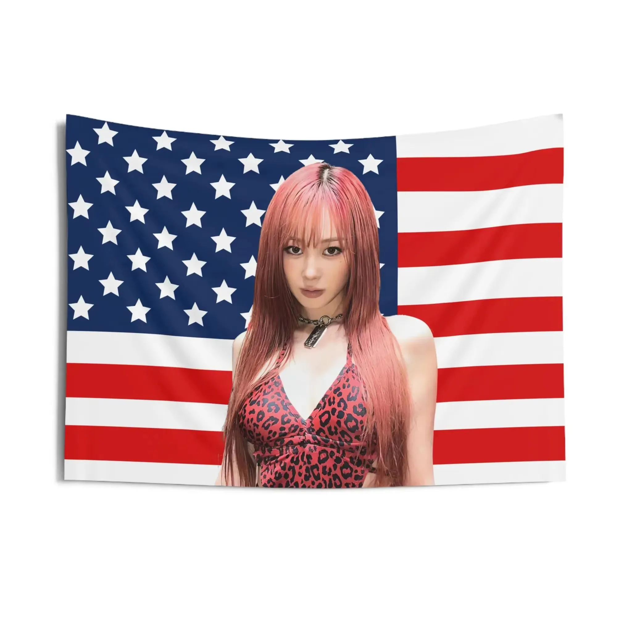 Giselle Aespa American Flag Tapestry, Curly Hair Kpop Concert Banner Wall Hanging for Bedroom Living Room Party Decor Gift