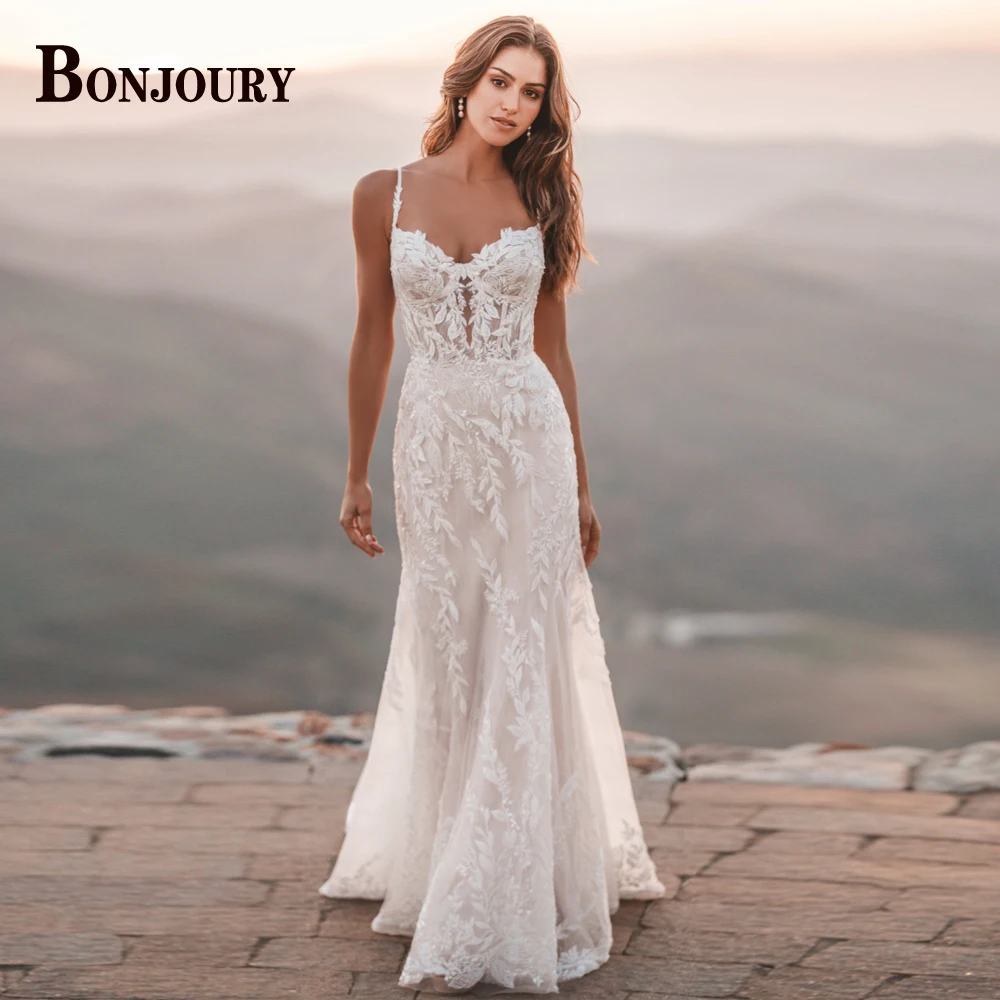 BONJOURY Elegant Mermaid Wedding Dress for Woman Bridal Spaghetti Straps Tulle Lace Appliques Button Backless Customized