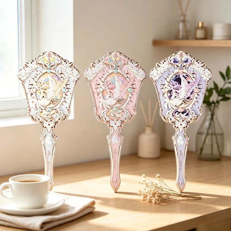 New Exquisite Handheld Mirror with Knight Unicorn Embossed Design, Compact Vanity Makeup Mirror, Elegant Durable for Daily Use