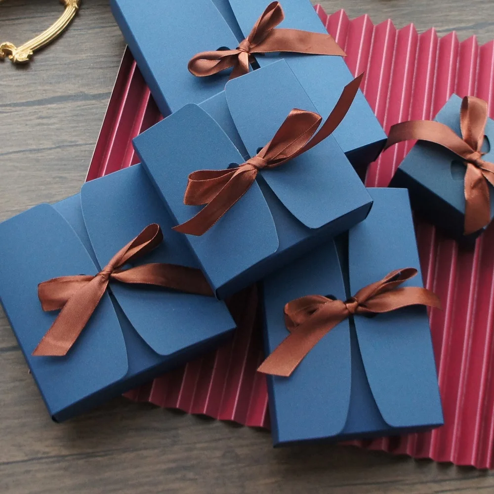 

5 Size Choose 15 Pcs Deep Blue Paper Box with Ribbon Macaron Sweet Chocolate Candy DIY Party Gifts Packaging