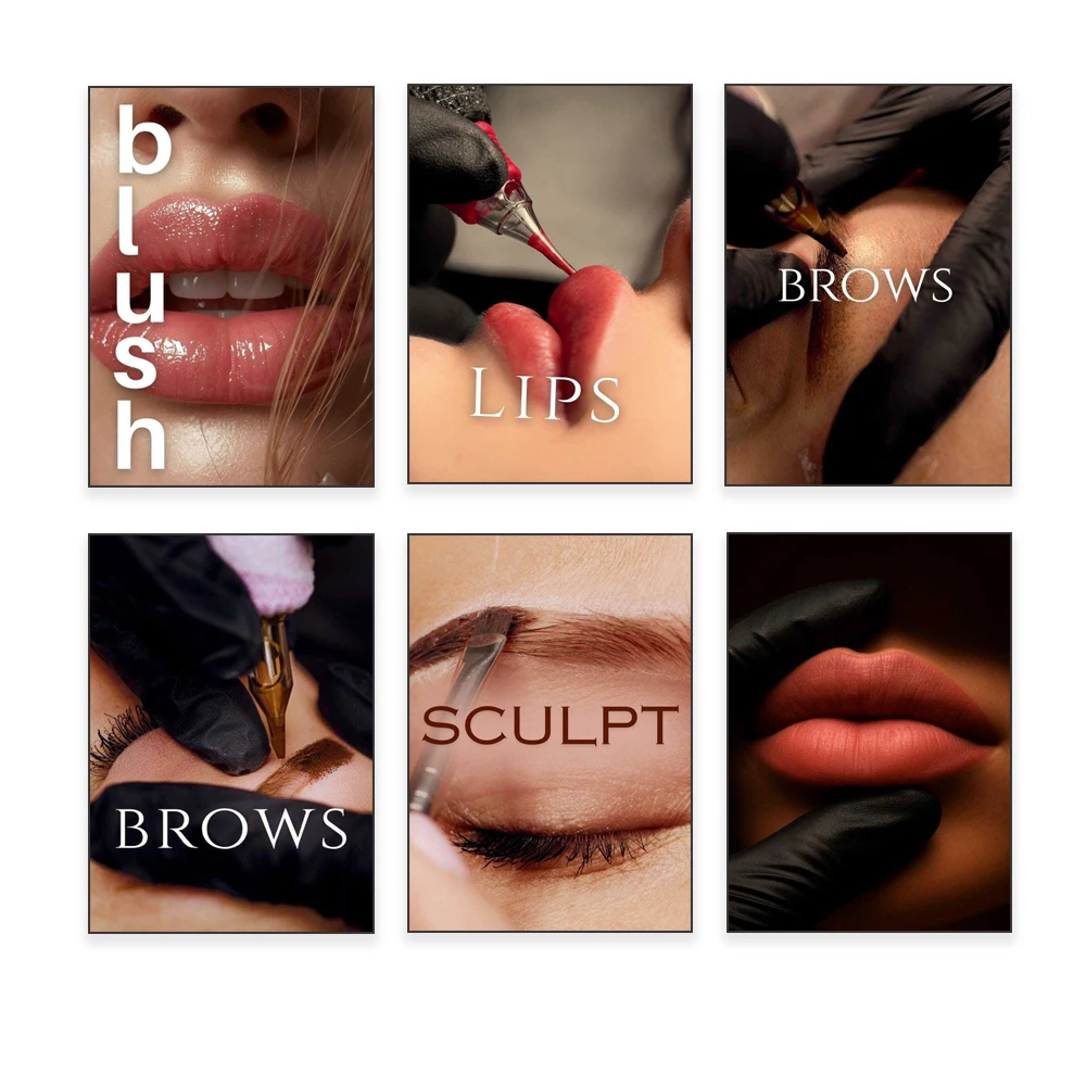 Microneedle eyebrow tattooing, lip tattooing, lip blush, decorative posters for permanent makeup studios and beauty salons.