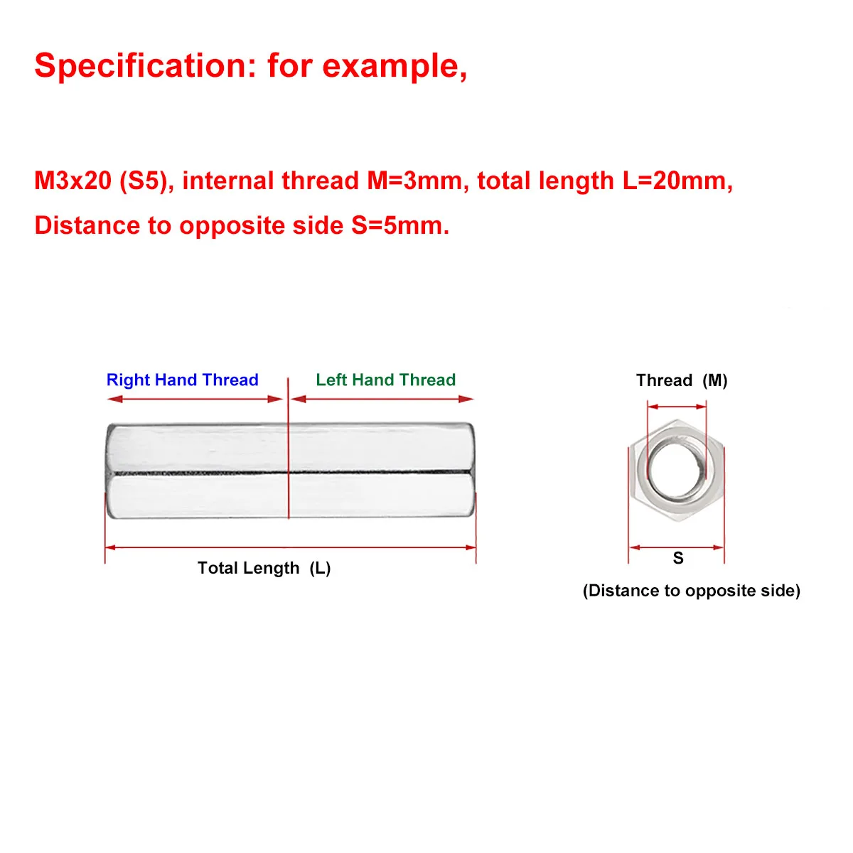 1Pcs M12 M14 M16 M18 M20 Right and Left Thread Hex Rod Coupling Nuts 304 Stainless Steel Long Hex Nut Connection Thread Nut
