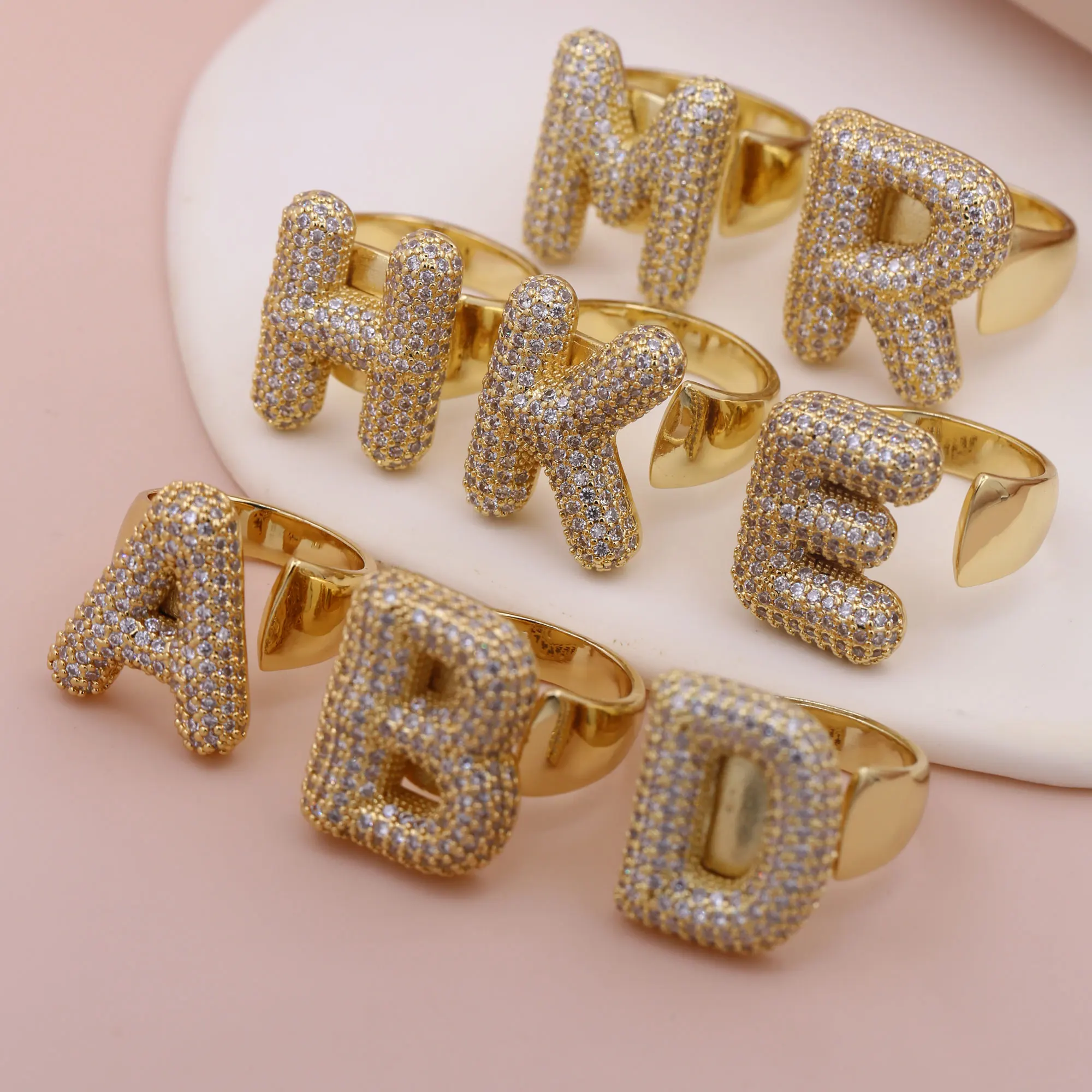 Fashion Versatile Plated Gold Copper White Zircon 26 English Letter Big Rings for Men Women Daily Wearing Jewelry
