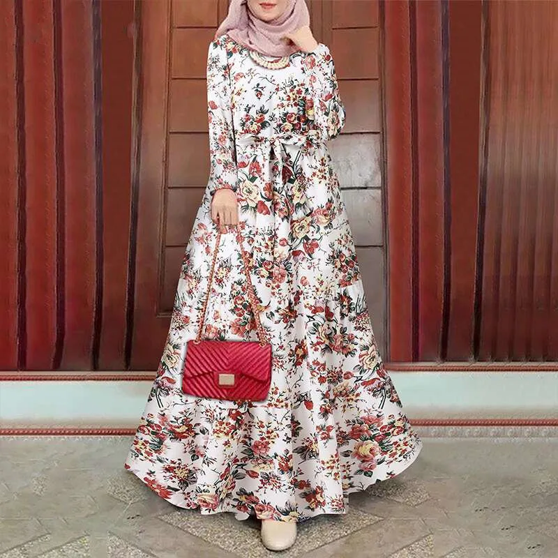 Women dress Eid Muslim Abaya floral Long Sleeve Dubai Abayas Pleated Print Belt Long Robe Kaftan Casual Loose Ramadan Morocco