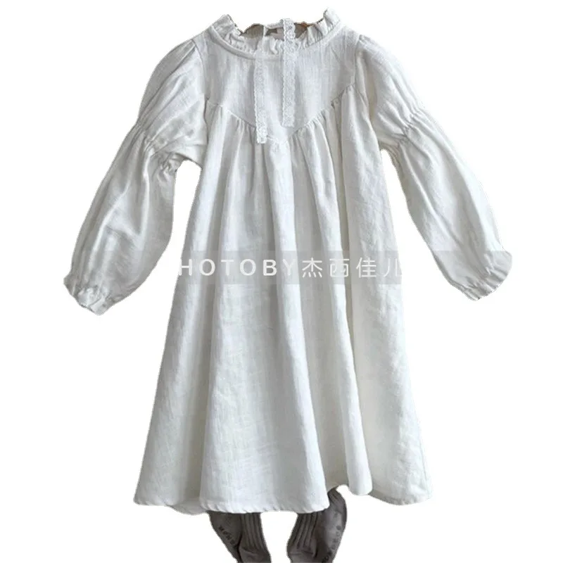 Dress Full Sleeve Knee Length Pullover A-line Solid Regular Cotton New Fashion Simple Sweet Spring Autumn Children Girls