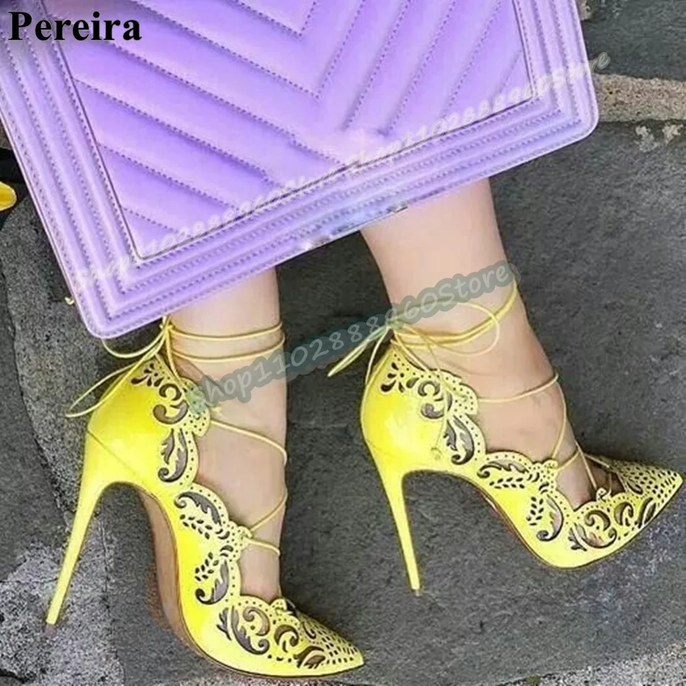 

Yellow Leather Shallow Hollow Pointy Pumps Stilettos High Heel Women Shoes Cross Tied Pointed Toe Luxury Party Stylish Pumps