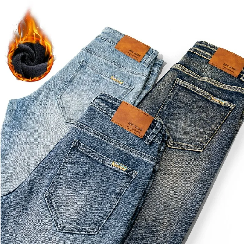 Męskie casualowe elastyczne jeansy skinny, jesienne nowości, uniwersalne, dopasowane, męskie ubrania, jednolite kolory, proste spodnie biznesowe z denimu.