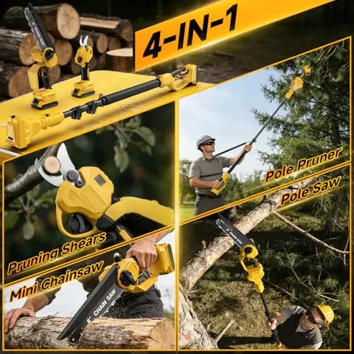 4-in-1 Cordless Pole Saw/Electric Pruning Shears Combo for Dewalt 20V Max (No Brushless 8 Inch Chainsaw/Pole Pruner with 15
