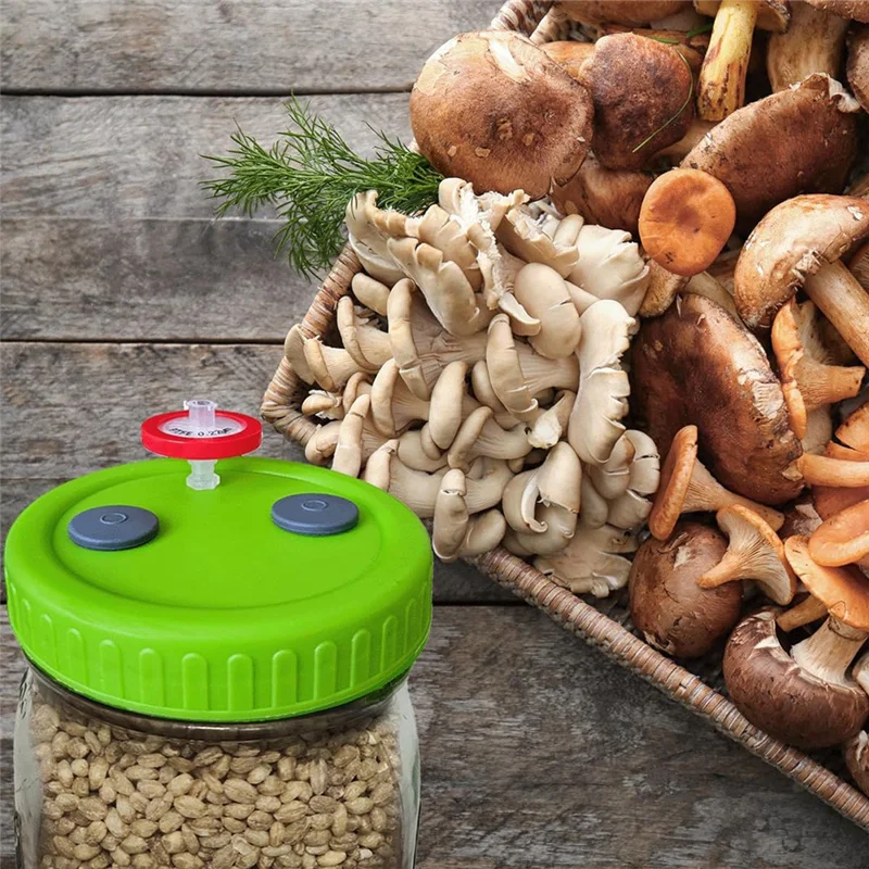 غطاء برطمان ميسون بلاستيكي واسع الفم (8 قطع)، مع فلتر حقنة PTFE 0.22Um ومنفذ حقن 20 مم، يتضمن أغطية الثقافة السائلة