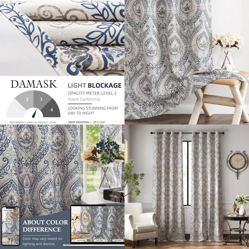 

Льняные текстурированные шторы, 280 см в длину, с дамасским узором, в винтажном стиле, синие на серо-бежевом фоне, комплект из 2 панелей для гостиной и спальни