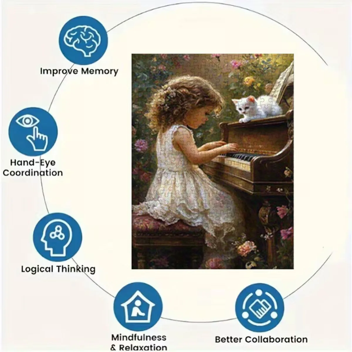 จิ๊กซอว์ 1000 ชิ้น ลายสาววินเทจเล่นเปียโนกับแมวขาว - ชิ้นส่วนมีหมายเลข สำหรับผู้ใหญ่และครอบครัว งานศิลปะติดผนังขนาดใหญ่