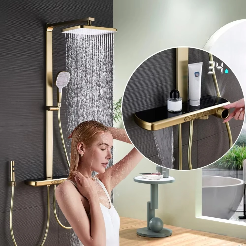 

Luxury High-end Wall Mounted Rain Shower System Thermostatic Digital Smart Shower Set Bathroom Brushed Gold Shower Faucet Sets