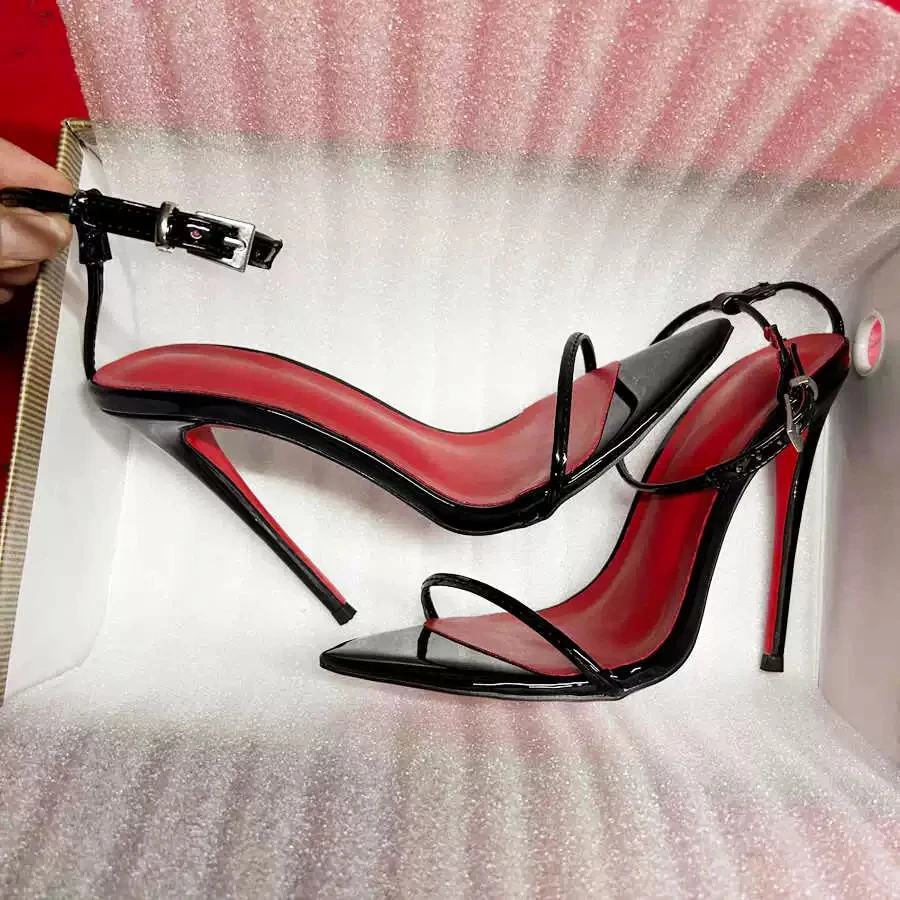 Newly Summer Hot Woman Sexy Shiny Black Red Inside Dress 12cm Sandal Ankle Strap High Heels Pointed Toe Ladies Shoes Plus Szie