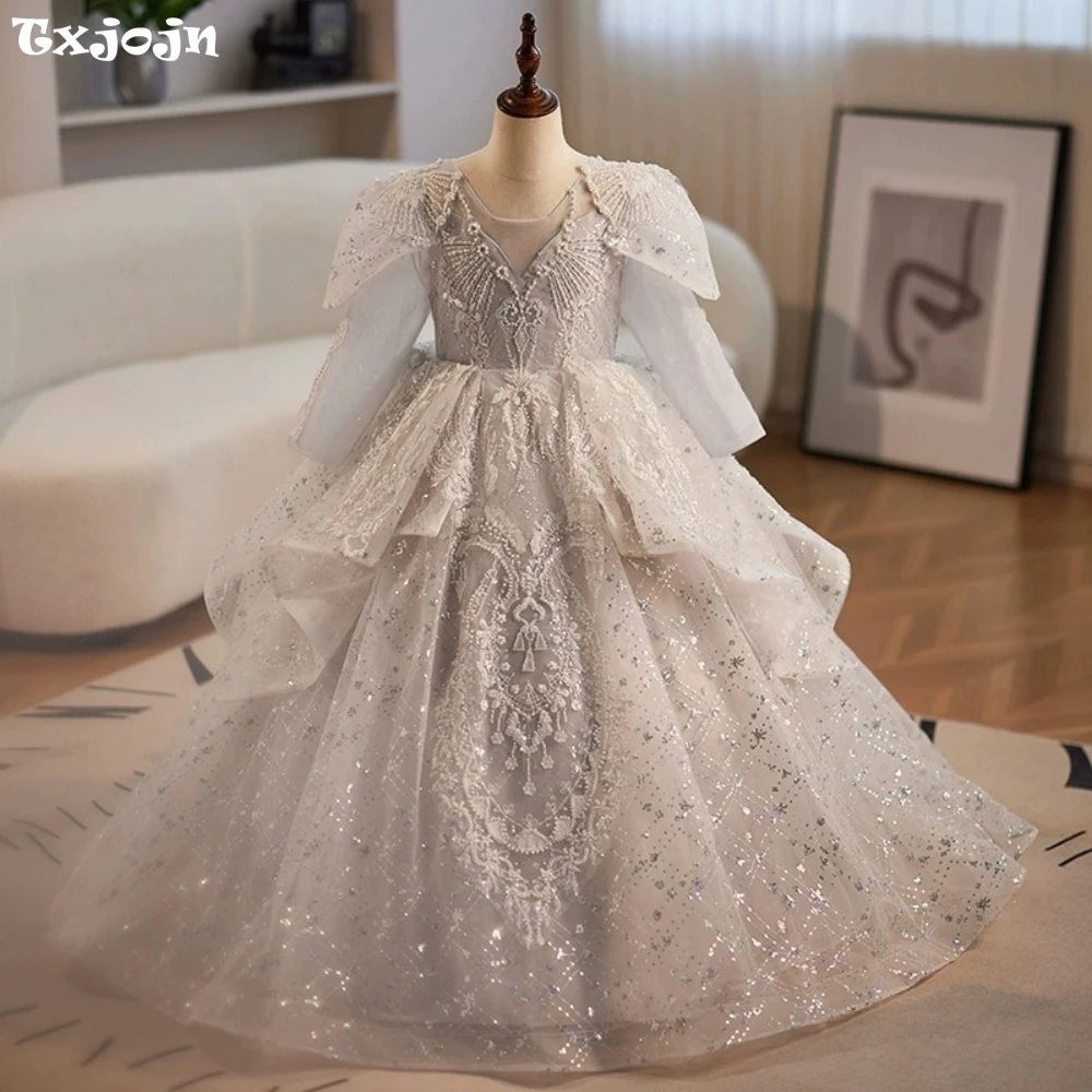 Luxury Vintage Embroidery Beads Pearls Ball Gown Long Classic Long Sleeve Evening Dress For Birthday Party Kids Wedding Clothes