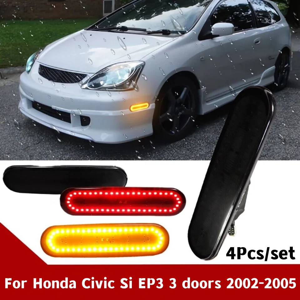 4Pcs/set Car LED Side Marker Light Fender Lamp for Honda Civic Si EP3 3 doors 2002-2005（Amber Light + Red Light）