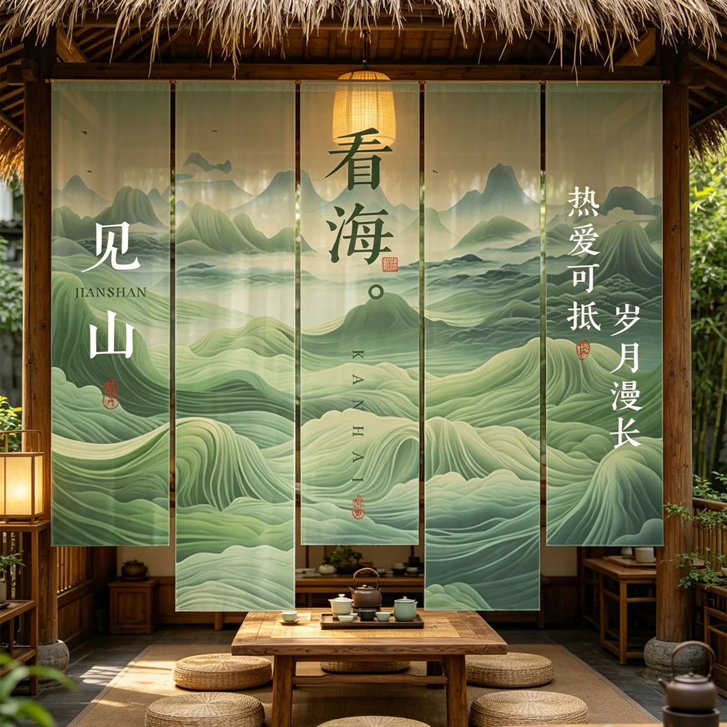 Hanging Room Divider - Semi Transparent Green Leaf Gauze Curtain, Zen Noren Screen for Tea Room & Outdoor Patio Gazebo Decor