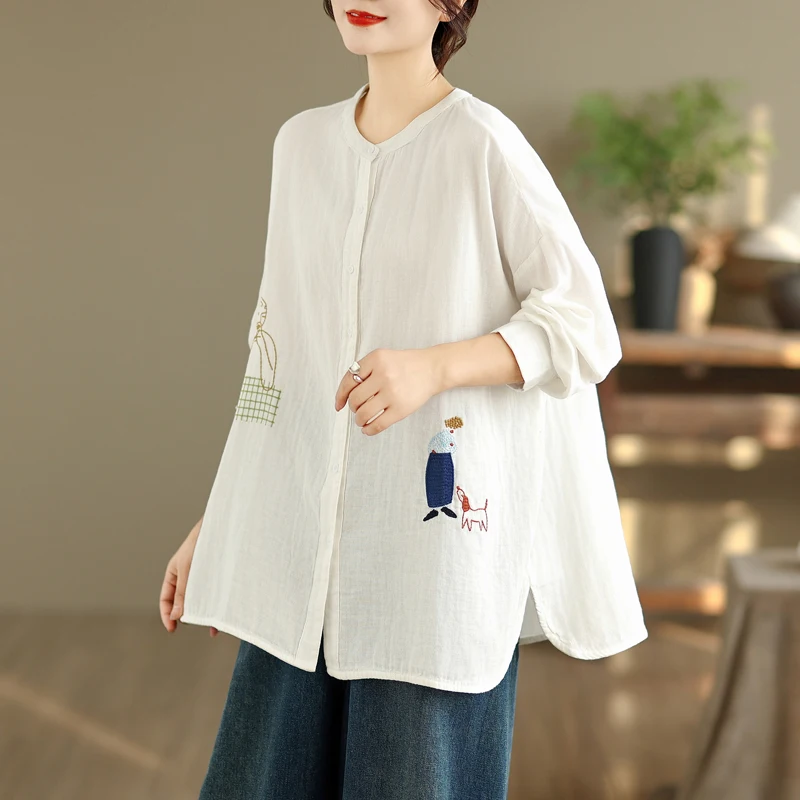 

Casual Loose Cotton Long Sve Embroidered Double Layer Cotton Yarn round Ne irt Women Spring Autumn Sle Artistic Cartoon