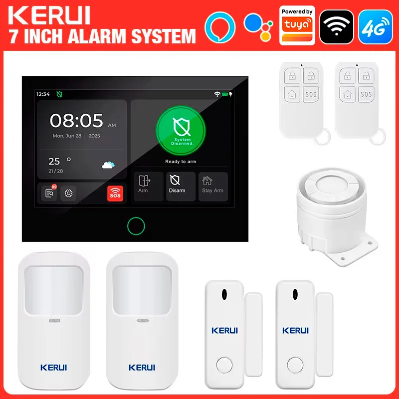 KERUI 7-inch groot touchscreen huisinbraakalarm WiFi + 4G alarmsysteem werkt met Tuya Smart FSK/ASK beveiligingsbescherming 433MHZ PIR-sensor