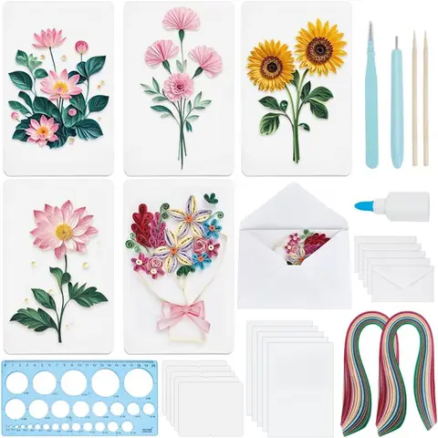 ABUH-DIY Flower Quilling Paper Kit, Greeting Card Making Tool Set With 36 Color Strips& Blank Cards For Birthday Creation