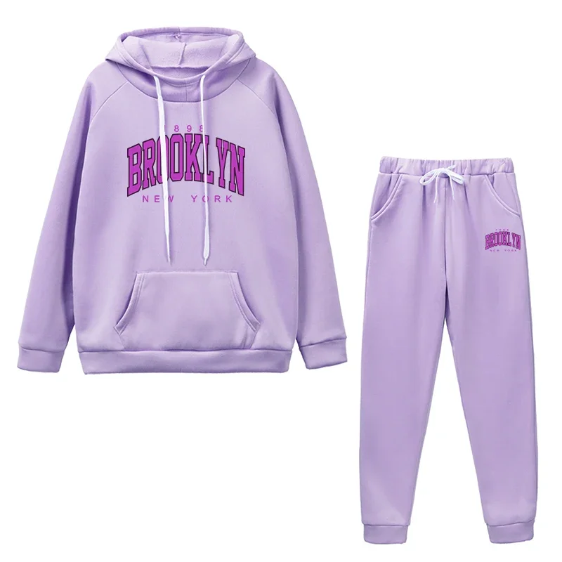 Sudaderas con capucha y pantalones de chándal con estampado de Brooklyn morado para mujer, traje deportivo informal para correr, moda urbana, trajes cálidos para otoño e invierno