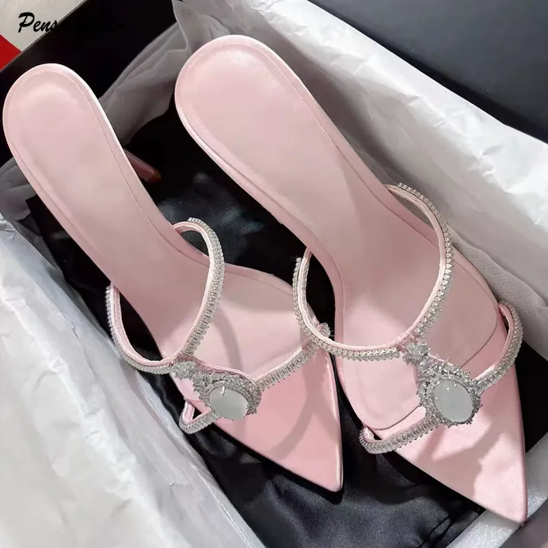Luxus Strass Edelstein Schmale band Frauen Slipper Sandalen Elegante Spitz Dünne High Heels Maultiere Slides Mode Party Schuhe