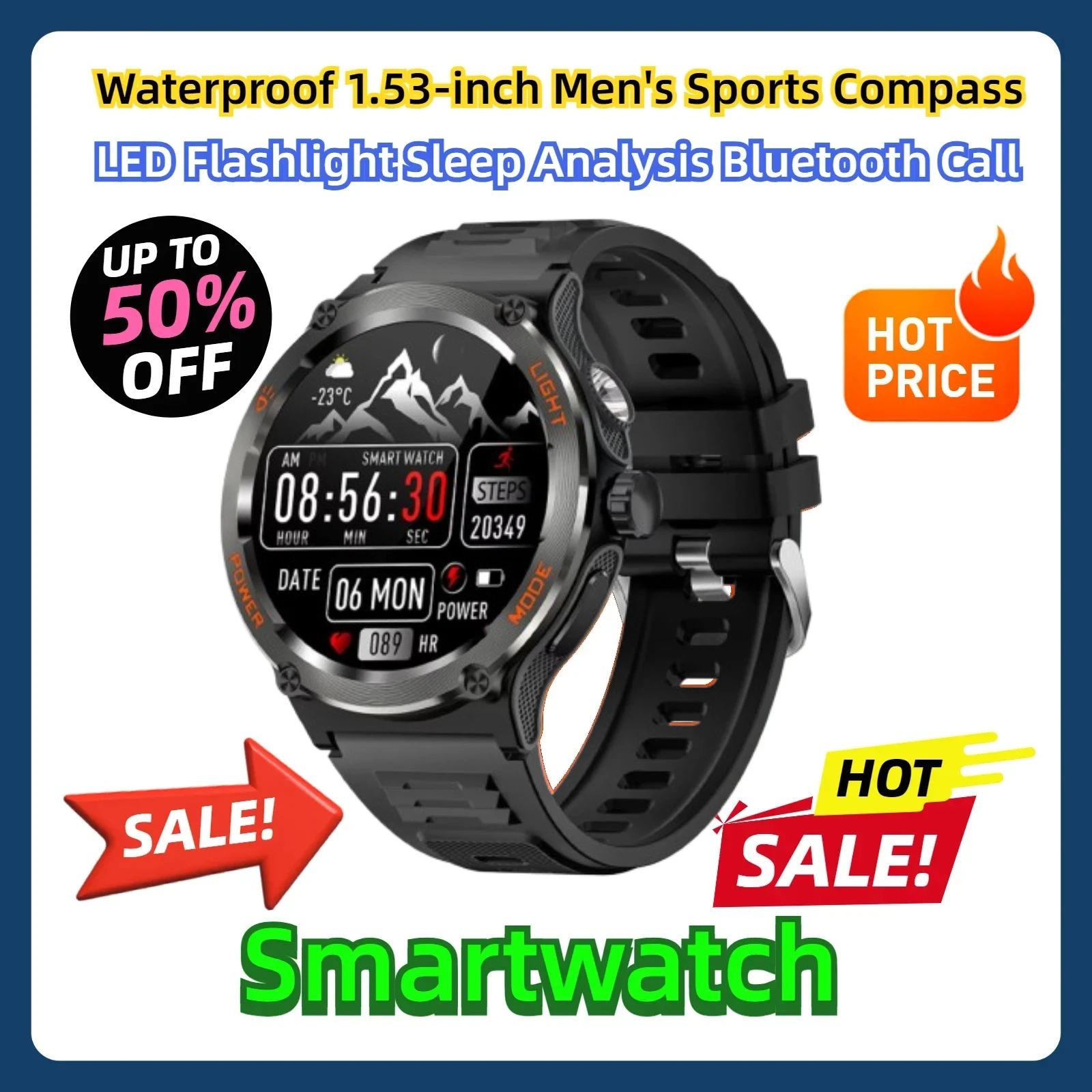 

Smartwatch 3ATM Waterproof 1.53-inch Men's Sports Compass and LED Flashlight Sleep Analysis Bluetooth Call