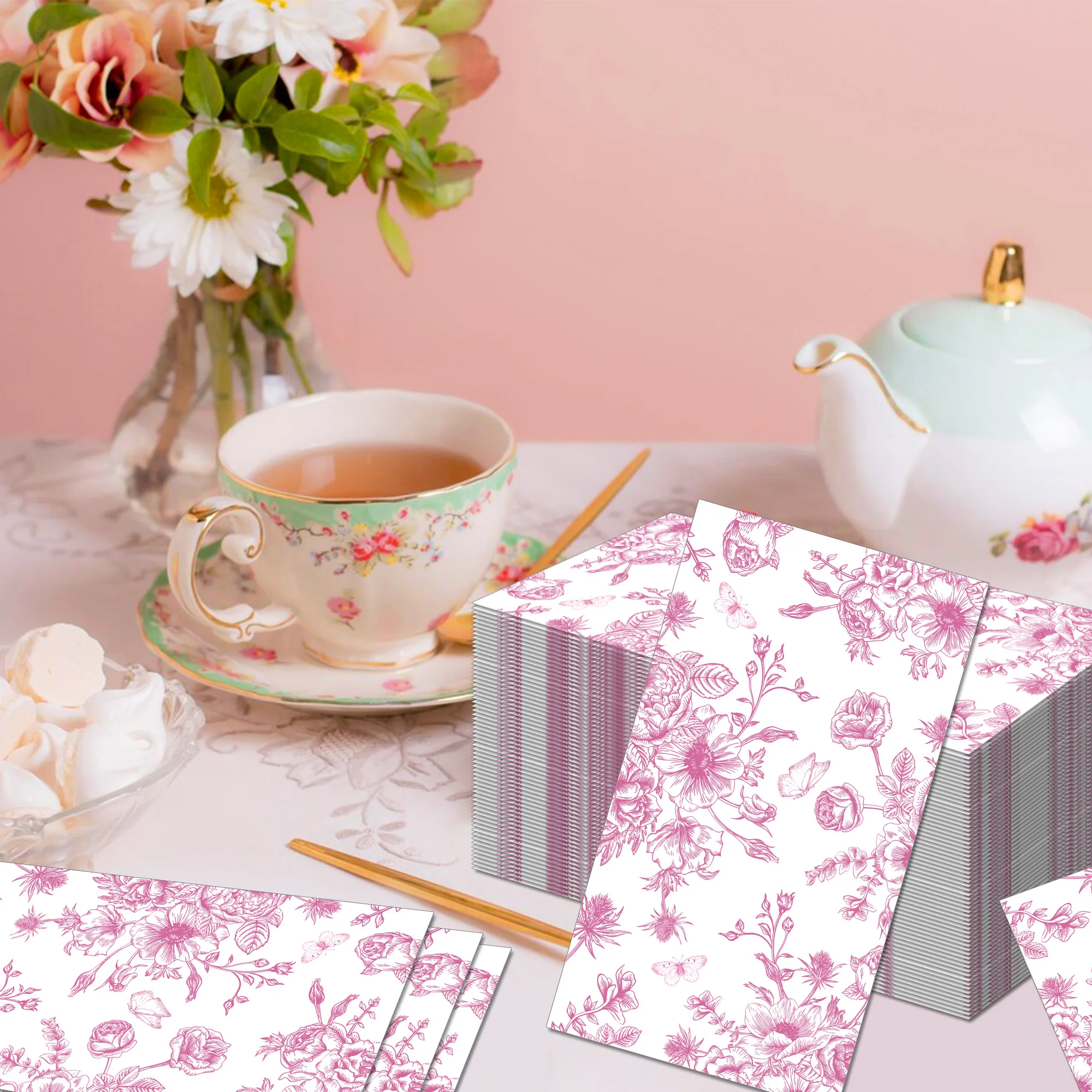 20 Stück florale Gäste-Servietten, rosa Blume, Einweg-Papier-Abendessen-Serviette, Badezimmer-Handtücher für Hochzeit, Geburtstag, Party-Dekoration – Detail 9