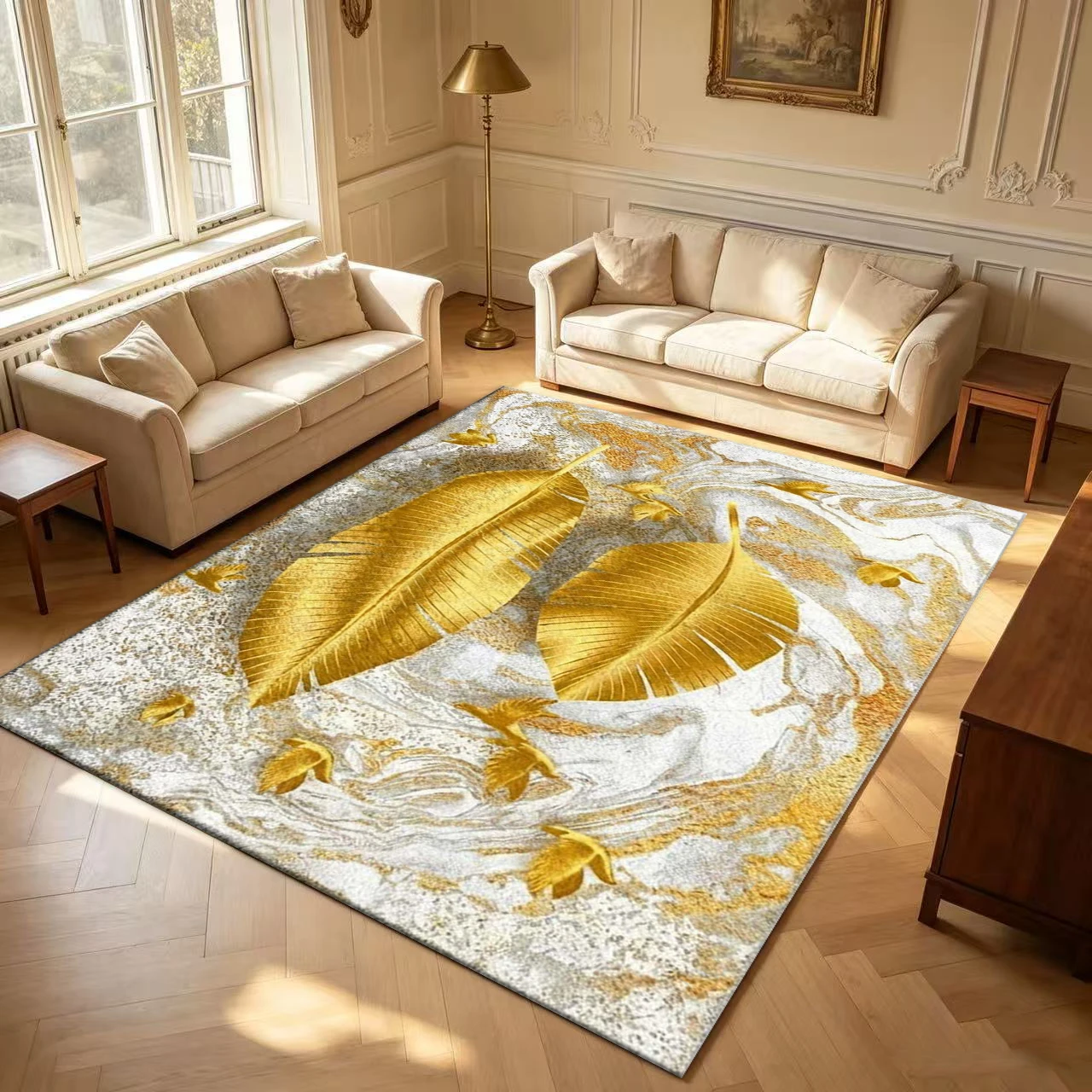 Luxurious Golden Banana Leaf Marble Texture Carpet Floor Mat Modern Art Non-Slip Rug Suitable for Living Room Bedroom Home Decoration