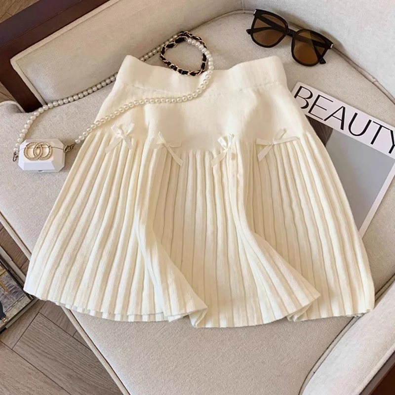 

2025 Милая вязаная юбка с бантом для женщин, осень-зима, юбка трапециевидной формы с высокой талией, женские универсальные мини-юбки в консервативном стиле