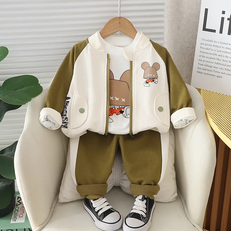 Autumn 2024 Kids Boys 3PCS Clothes Set Cartoon Cotton Shirts Patchwork Sleeve Coat Loose Pants Suit Children Baby Boy Outfits