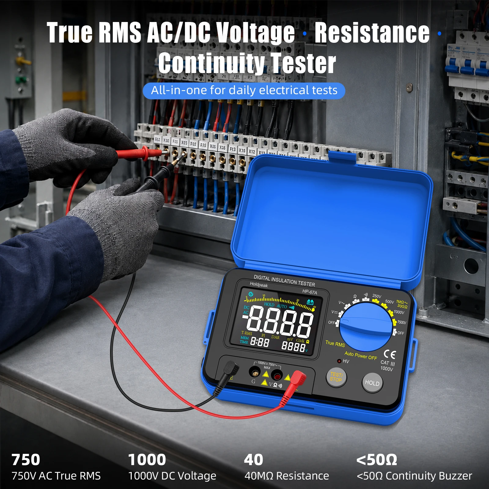 Digital Megohmmeter Insulation Resistance Tester 250V-1500V 4000 Counts True RMS AC DC Voltage Continuity Cable Motor Testing
