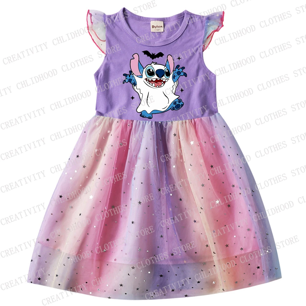 Vestido de Halloween para niña, vestidos de Mickey Mouse de Disney, ropa informal de dibujos animados, gasa con manga voladora, regalos para niños