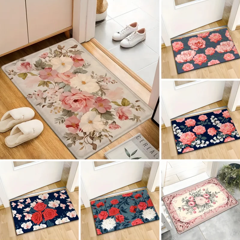 Rose Printed Pattern Mat Outdoor Non-slip Easy To Clean Rug Wrinkle-Resistant Doormat Washroom Entrance Decor Washable Carpet