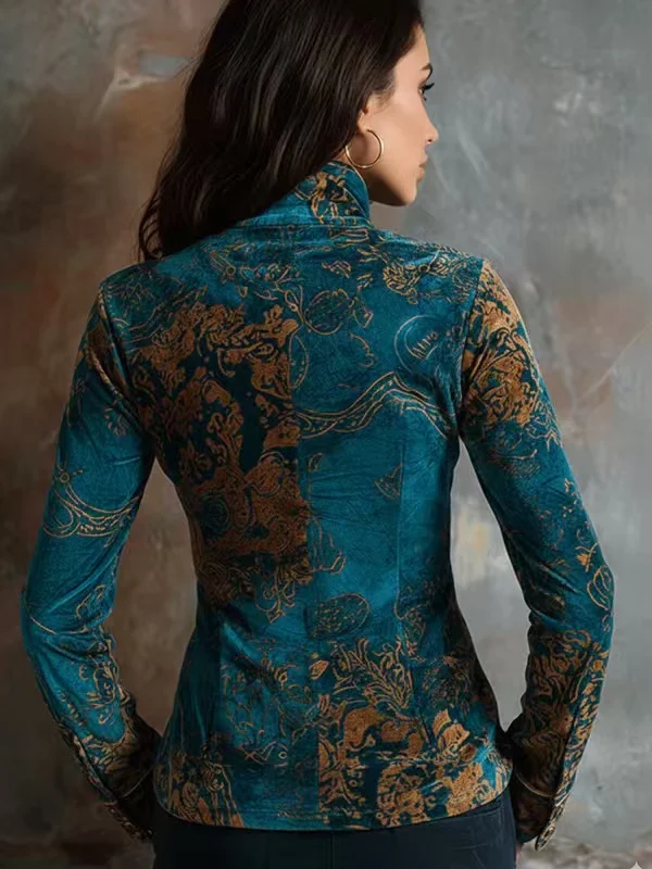 Women Velvet Floral Blouse Shier Single Breasted Long Sleeve Turn Down Collar Slim Casual Spring Autumn Tops Blouse 2026