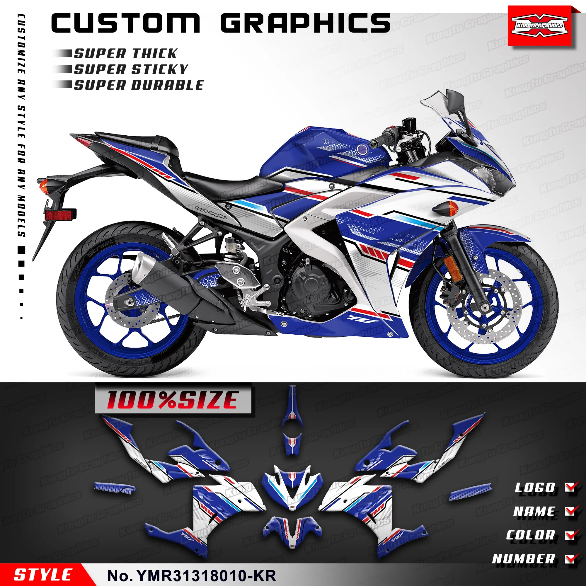 

KUNGFU GRAPHICS Sportbike Sticker Wrap Kit Vinyl Decal for Yamaha YZF-R3 YZF R3 2013 2014 2015 2016 2017 2018, YMR31318010-KR