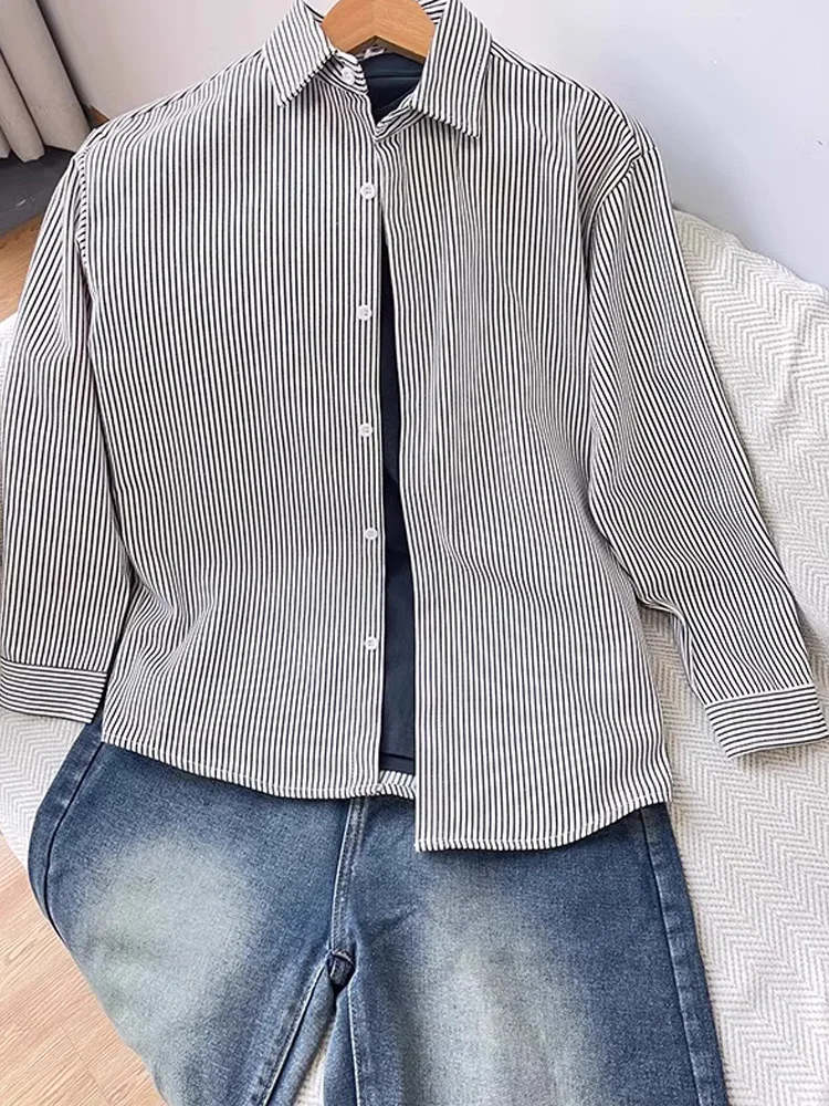 

Retro Japanese Sle y Striped irt Men's Long Sve Casual Layering Spring Autumn Outerwear Loose Fit Breathable