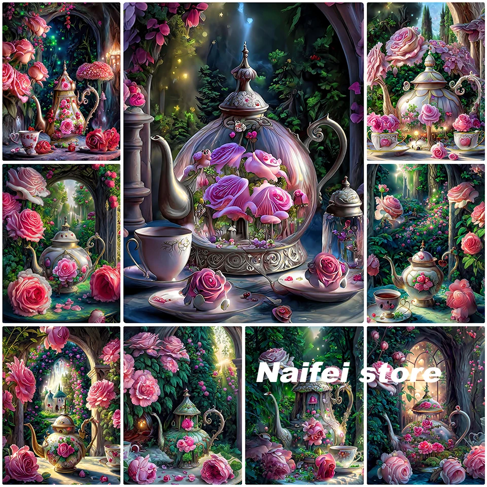 Fantasy Garden Landscape 5d Diy Diamond Painting Pink Flower Rose Kettle Full Drill Embroidery Mosaic Coffee Cup Floral Vase