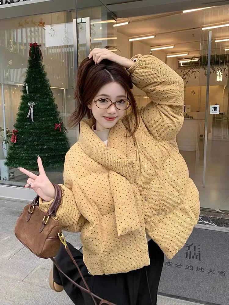 Vintage Corduroy Parkas for Women Y2K Winter Sweet Polka Dots Warm Coats Korean Chic Scarf Design Fluffy Puffer Jacket New