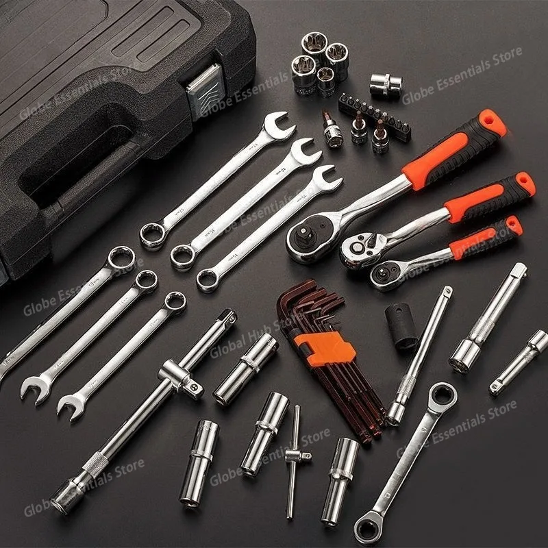 Household 92-piece Water Pump Pliers Multi-functional Socket Hexagon 72-tooth Bent Handle Ratchet Wrench Toolbox
