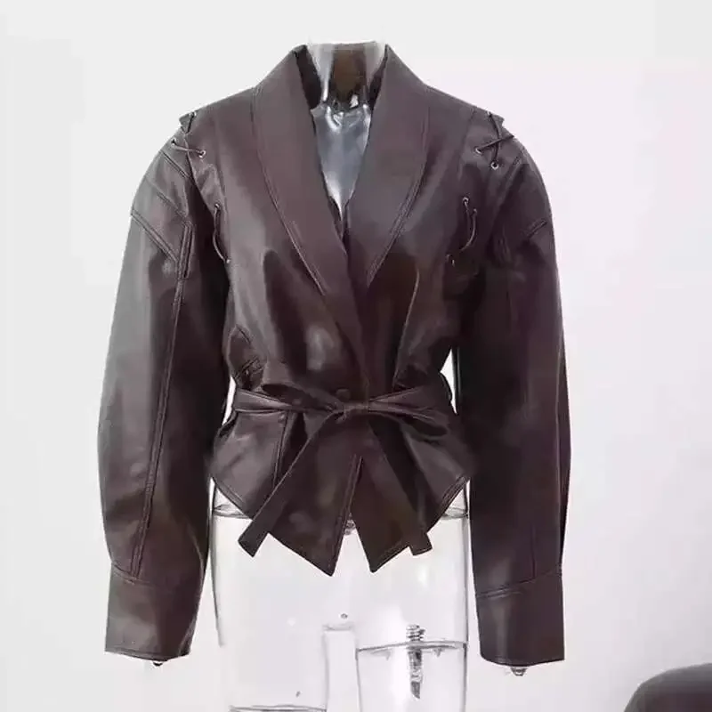Winter New Items Fashion Retro Versatile Faux Leather Belt Short Jackets V-neck Lace-up Coats Female Trendy